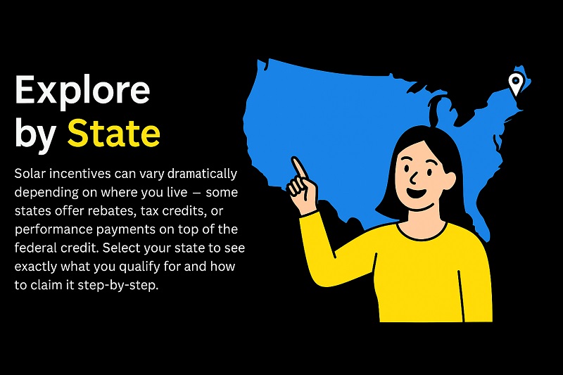 Alt Text: Flat design illustration of a person examining a U.S. map to explore solar tax incentives by state