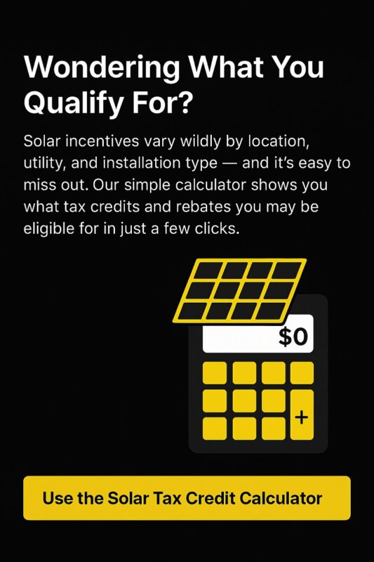 Flat design illustration of a person using a solar tax credit calculator on a laptop